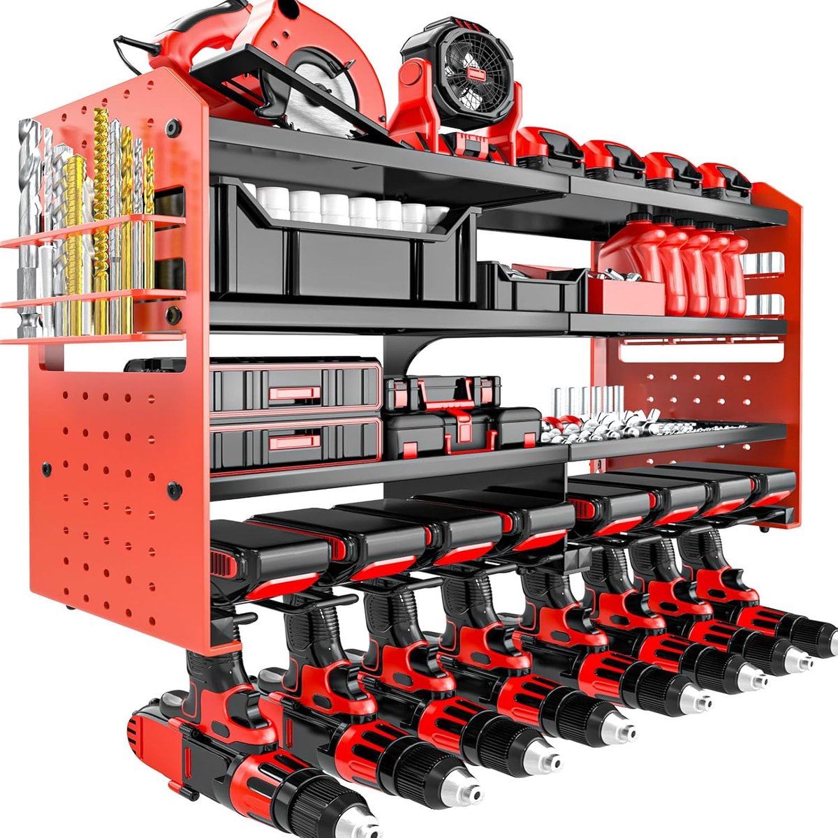 Thijox - Power Tool Organizer Wandmontage, Metalen Gereedschap Opbergrek met Schroevendraaier Houder, Garage Opbewaring voor 8 Boor en Handgereedschap