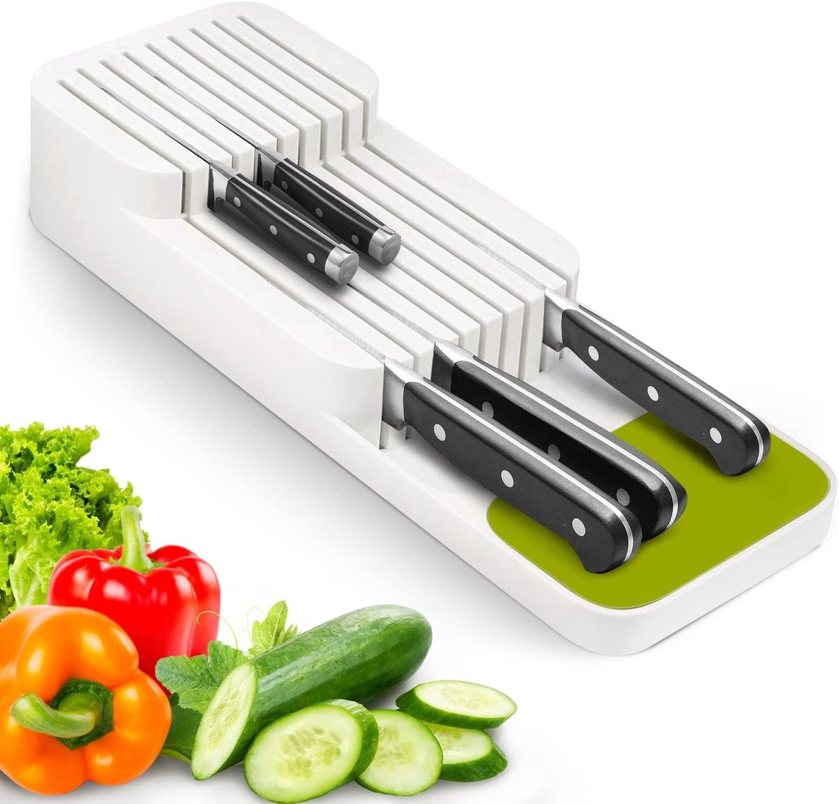 SnelShoppen - Knife Holder Drawer Organizer - Dubbele Laag Messenkoker voor 9 Keukenmessen - Compacte Ruimtebesparende Wasbare Mestray - Wit