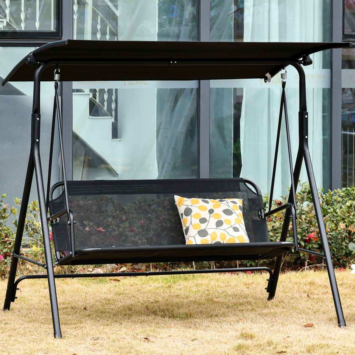 2-persoons schommelstoel voor buiten met zonnescherm en verstelbare luifel, voor terras of balkon, draagvermogen 200 kg, 172x110x155 cm, zwart