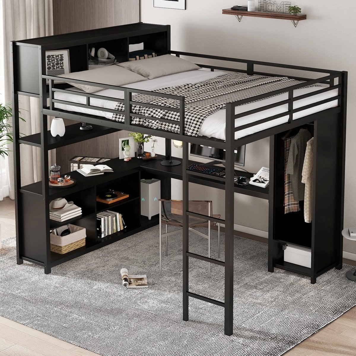 KOMHTOM IJzeren bed - Hoogslaper twee verdiepingen - IJzer + spaanplaat - Kledingkast - 140 x 200 cm zwart