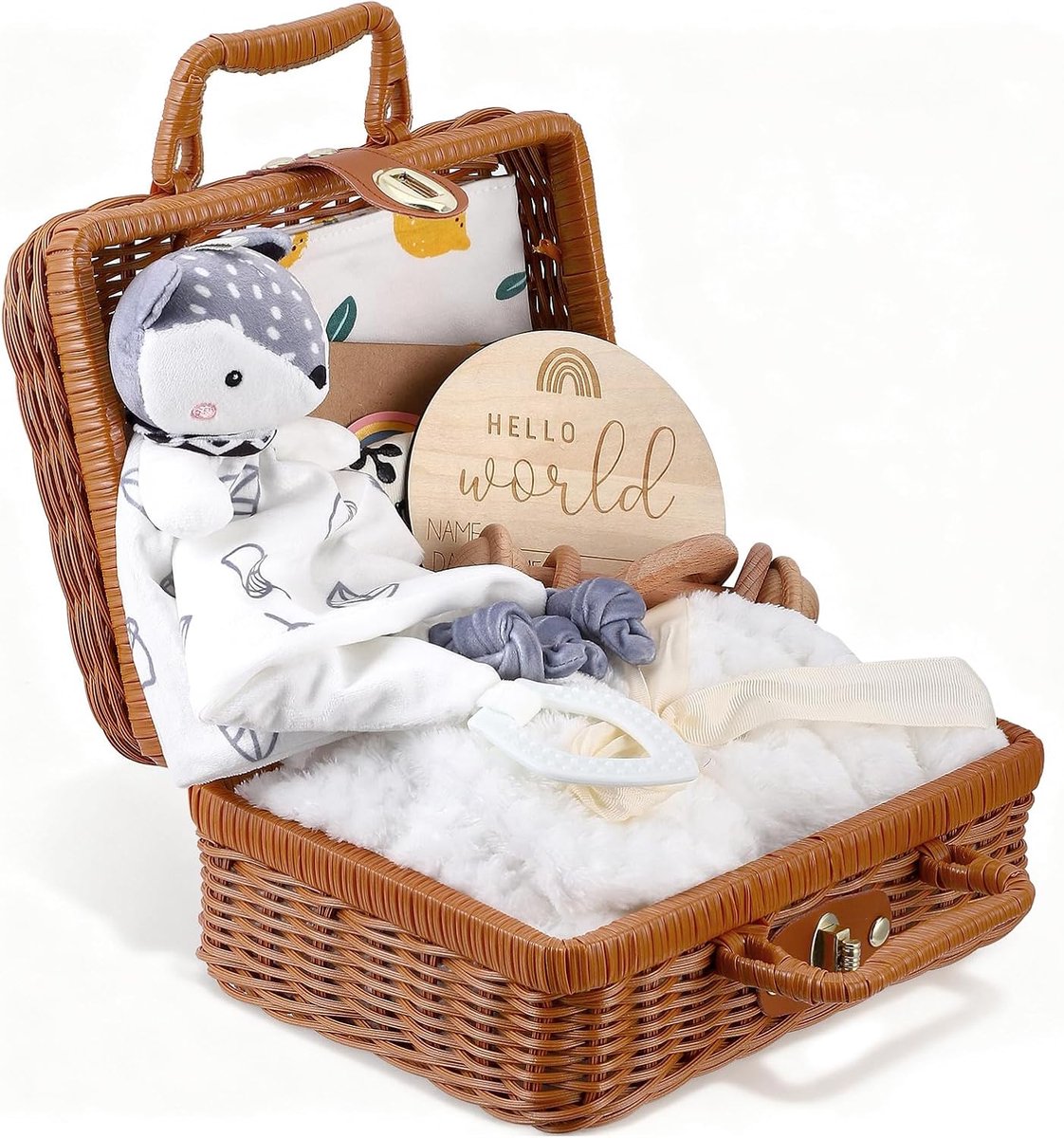 Thijox - Baby Luiertaart Cadeauset - 8-delige Premium Pasgeboren Set met Vosje Speentje & Houten Rammelaar - Geboortecadeau in Bamboe Doos voor Jongen