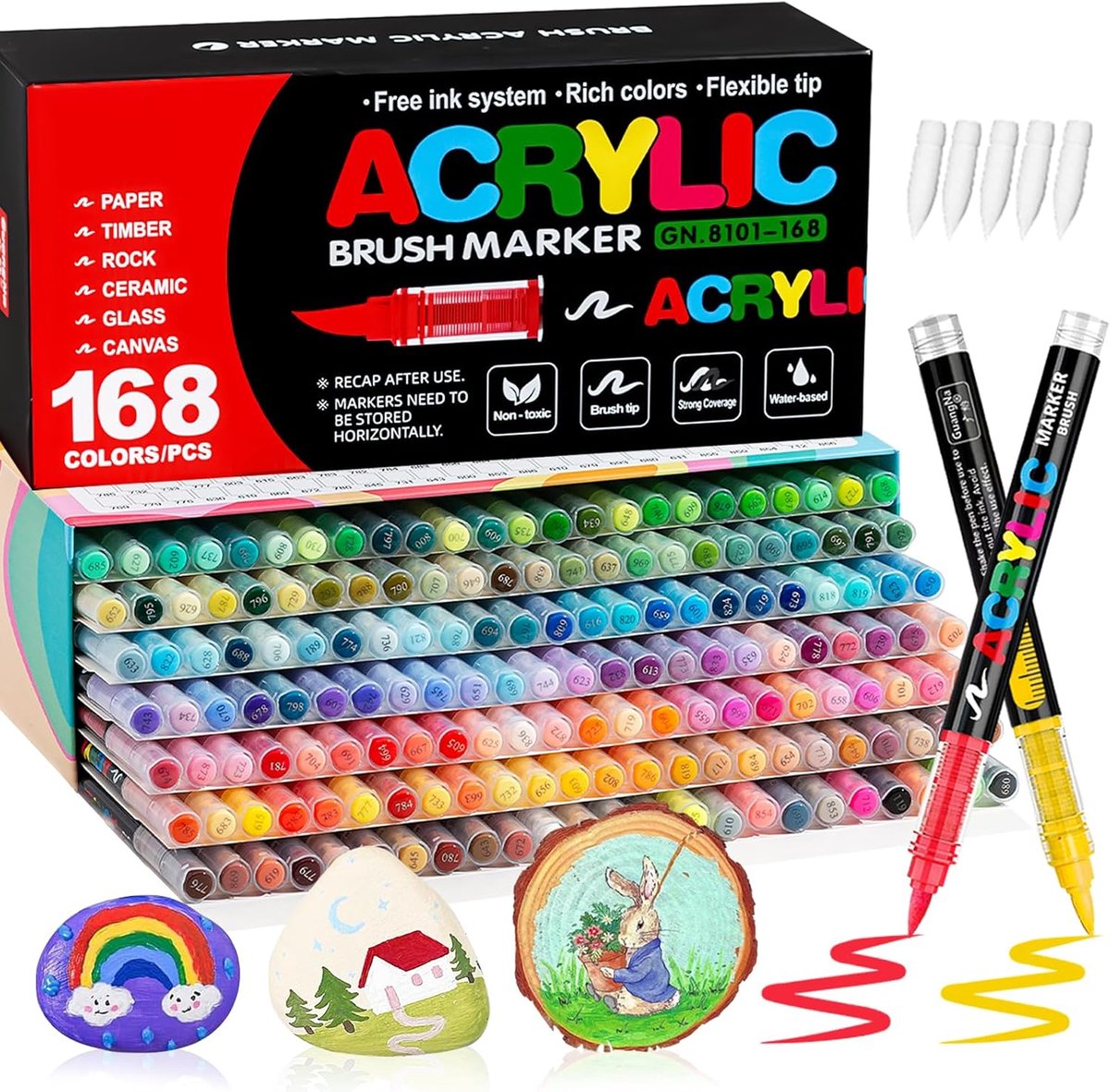 Thijox - 168 Acrylverf Pennen met Penseelpunt 1-6mm, Watervaste Acrylstiften voor Stenen, Glas, Hout, Keramiek, Metaal & Canvas - Perfect voor Creatie