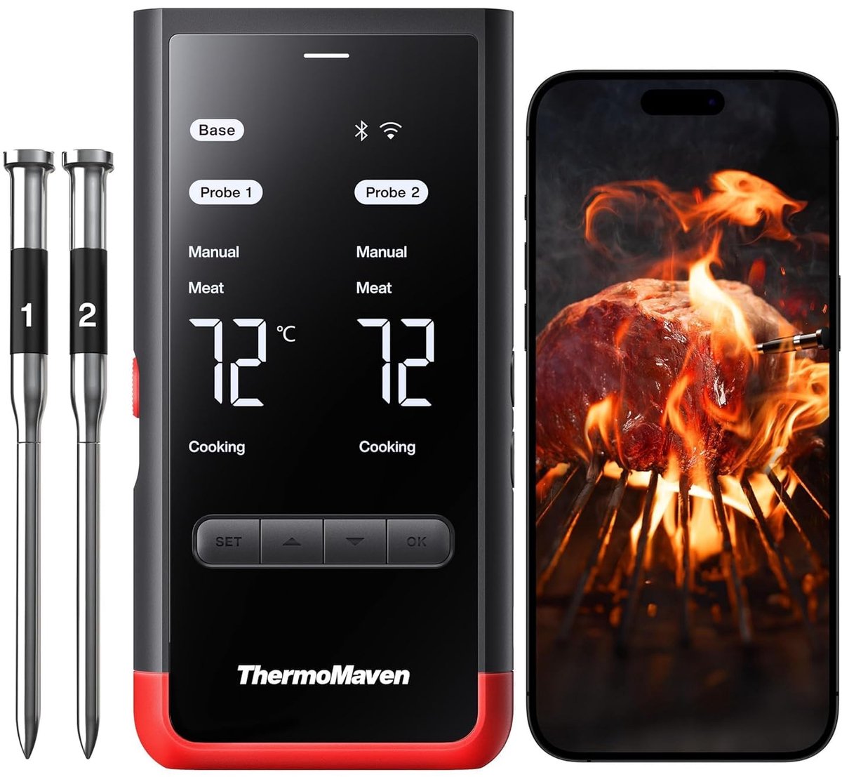 Thijox - Draadloze Vleesthermometer met Wifi en Bluetooth 5.3, 2 Sondes en 6 Sensoren, Nauwkeurig tot ±0,3 °C, IPX8 Waterdicht, App-Bediening, BBQ, Ov
