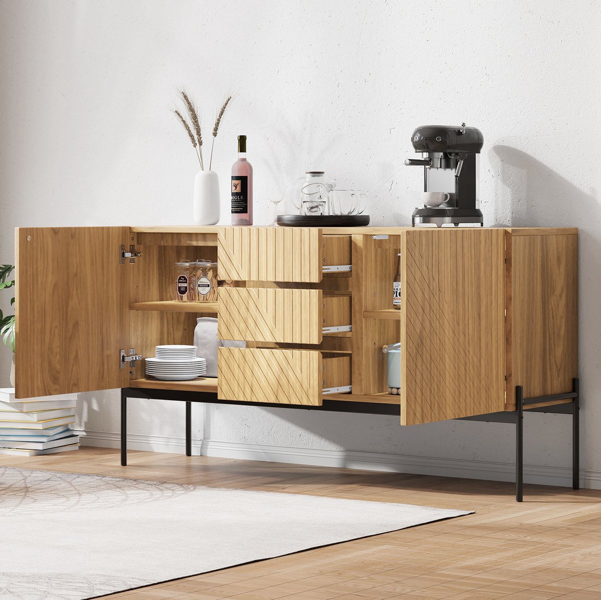 COVREO dressoir 140 x 40 x 75 cm - 2 deuren, 3 lades, verstelbare plank, natural