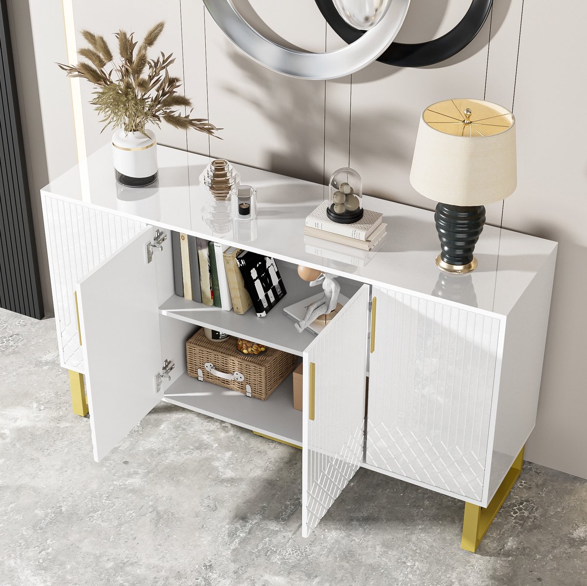 COVREO dressoir 140 x 40 x 80 cm - 4 deuren, hoogglans wit, geometrisch design