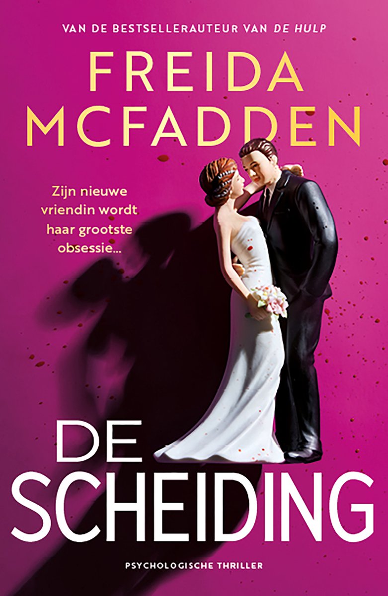 Boekomslag met bruidspaar beeldjes. De bruid draagt witte jurk, de bruidegom zwart pak. Op roze achtergrond met rode spetters.