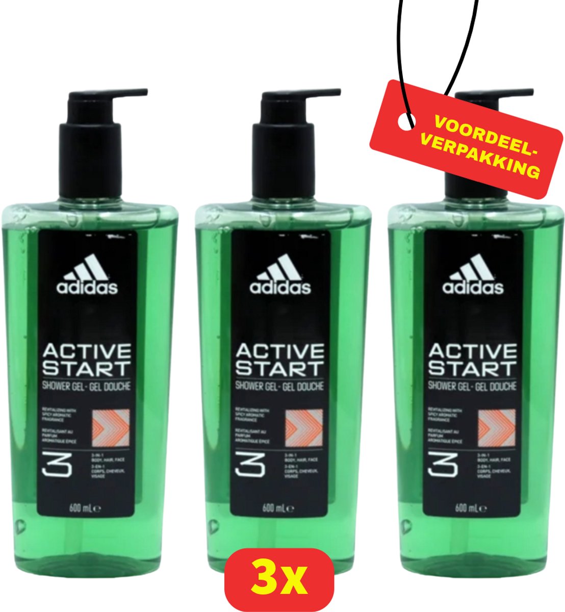 Adidas Active start 3-in-1 Douchegel met Pomp – Lichaam, Gezicht & Haar – 3x 600 ml - Voordeelverpakking!