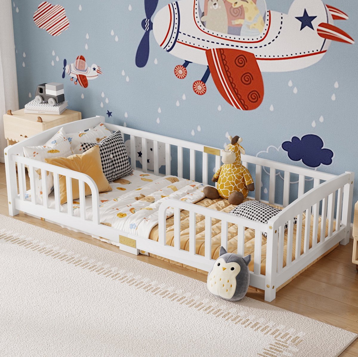 COVREO Kinder vloerbed met centrale ingang – 90x200 cm – Houten bedframe met veiligheidshekje – voor kinderkamer – Wit - zonder matras