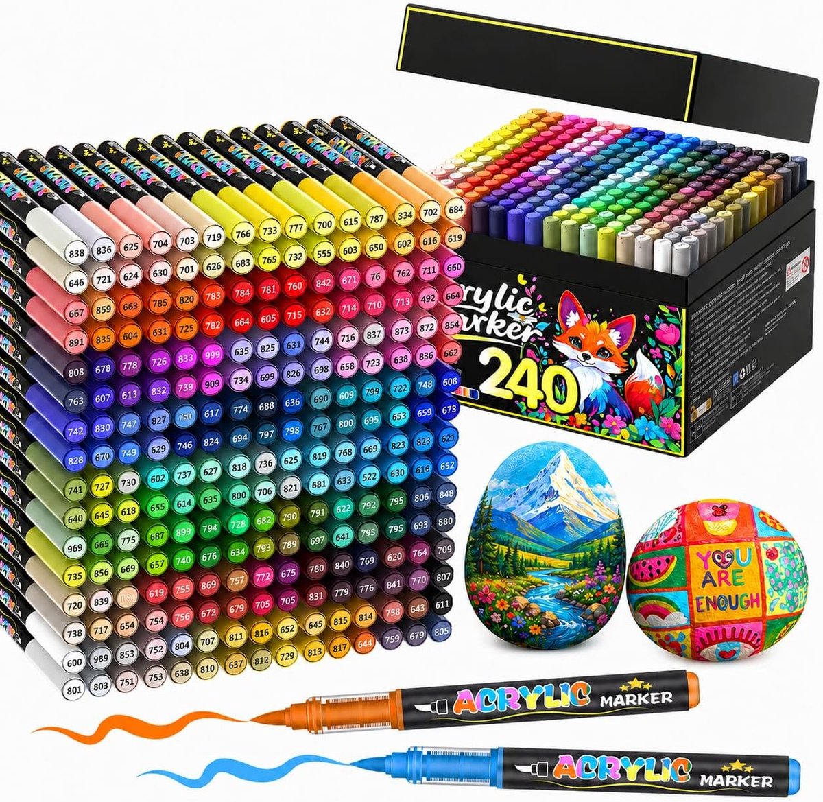 SnelShoppen - Set van 240 Kleuren Acrylverfstiften - Permanente Waterbasis Acrylverf voor Stenen, Stof, Hout, Glas, Papier en Plastic - Ideaal voor Kn