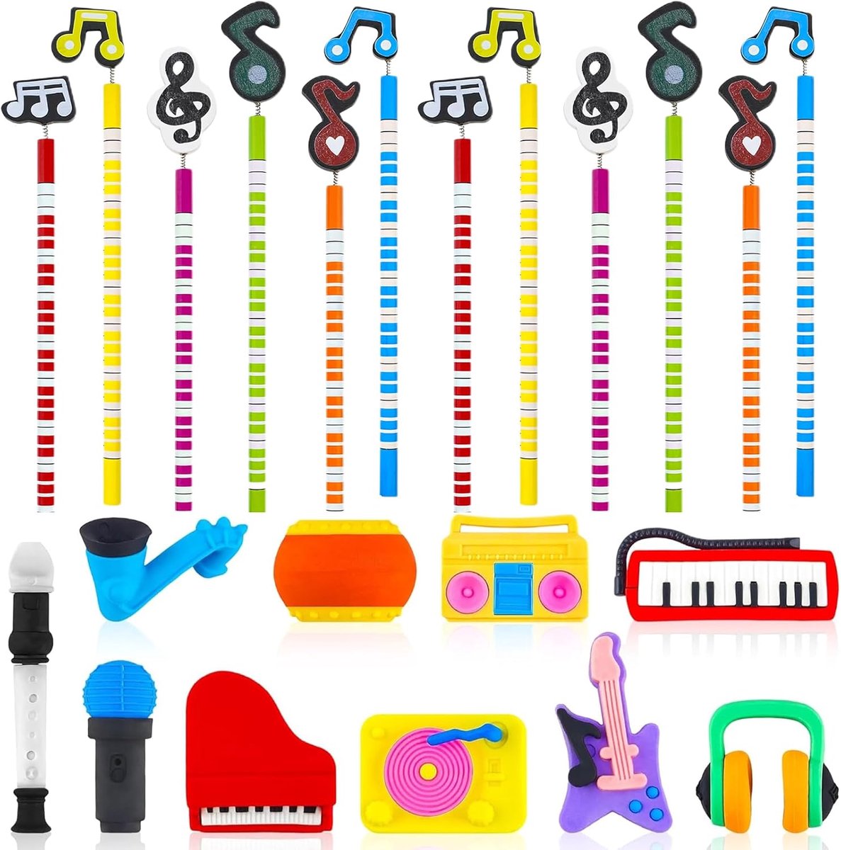 Thijox - 27-delige set muziekstiften met 12 HB-muziekstiften en 15 gummen, kleurrijke muziekstiften voor kinderen, scholieren, muziekcadeau voor feest