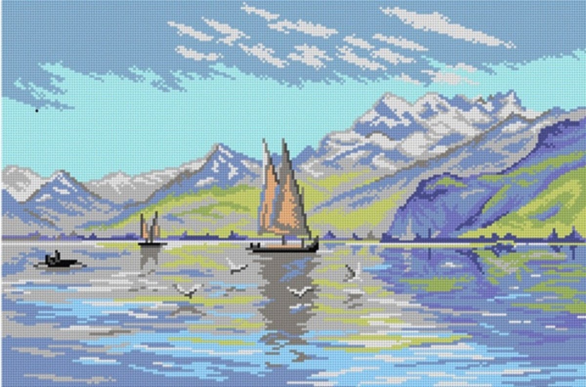Voorbedrukt stramien - 3587 - after Peder Mork Monsted - View of Lake, Vevey - ORCHIDEA 40 x 60 - (ALLEEN STRAMIEN, GEEN GARENS))