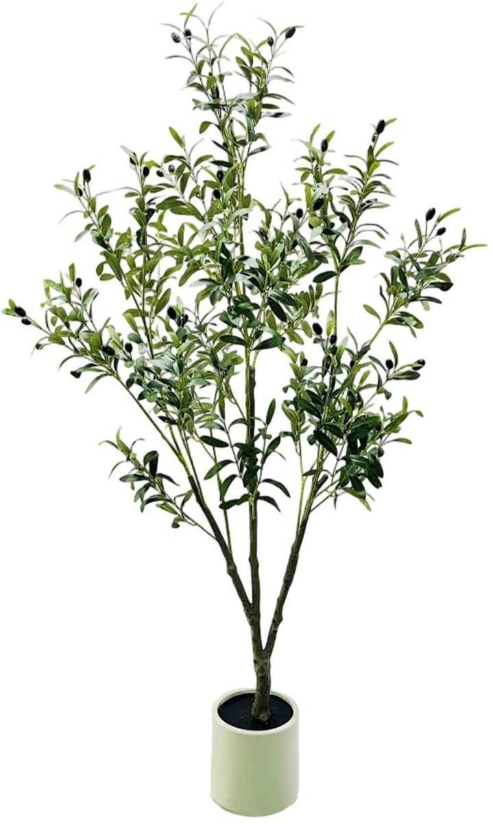 CORE Kunstmatige Olijfboom 150 cm - Realistische Kunstplant met Natuurlijke Stam en Olijven - Inclusief Witte Pot - Onderhoudsvrije Decoratie - Levensechte Sierboom voor Woonkamer, Hal, Kantoor, Balkon en Overdekte Buitenruimte - Groen/Wit