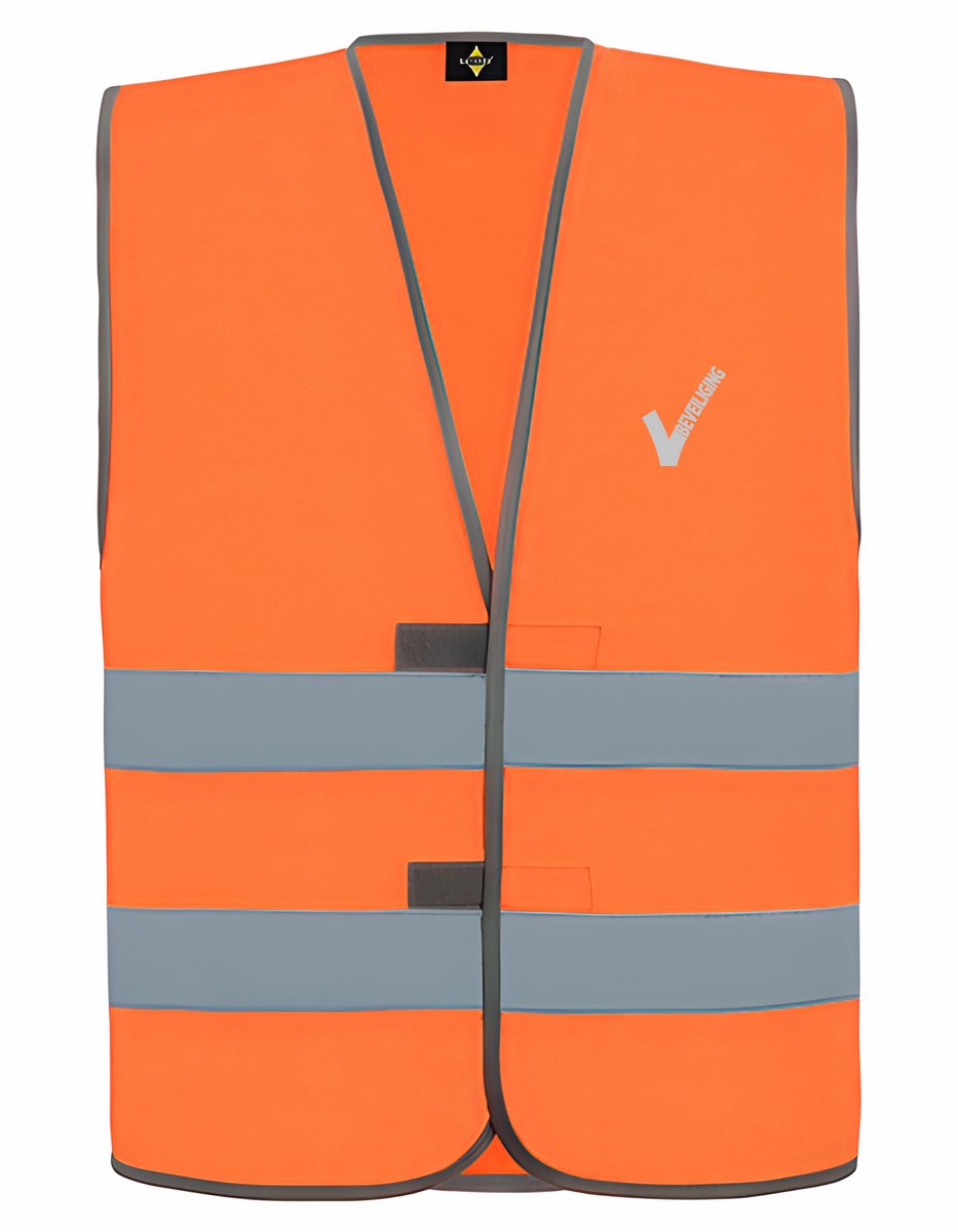 Signaal Oranje veiligheidshesje met reflecterende strepen EN met Beveiliging / Security met als borstlogo het bekende V-tje en als ruglogo SECURITY - voor PROFESSIONALS, merk ROLY Maat M / L