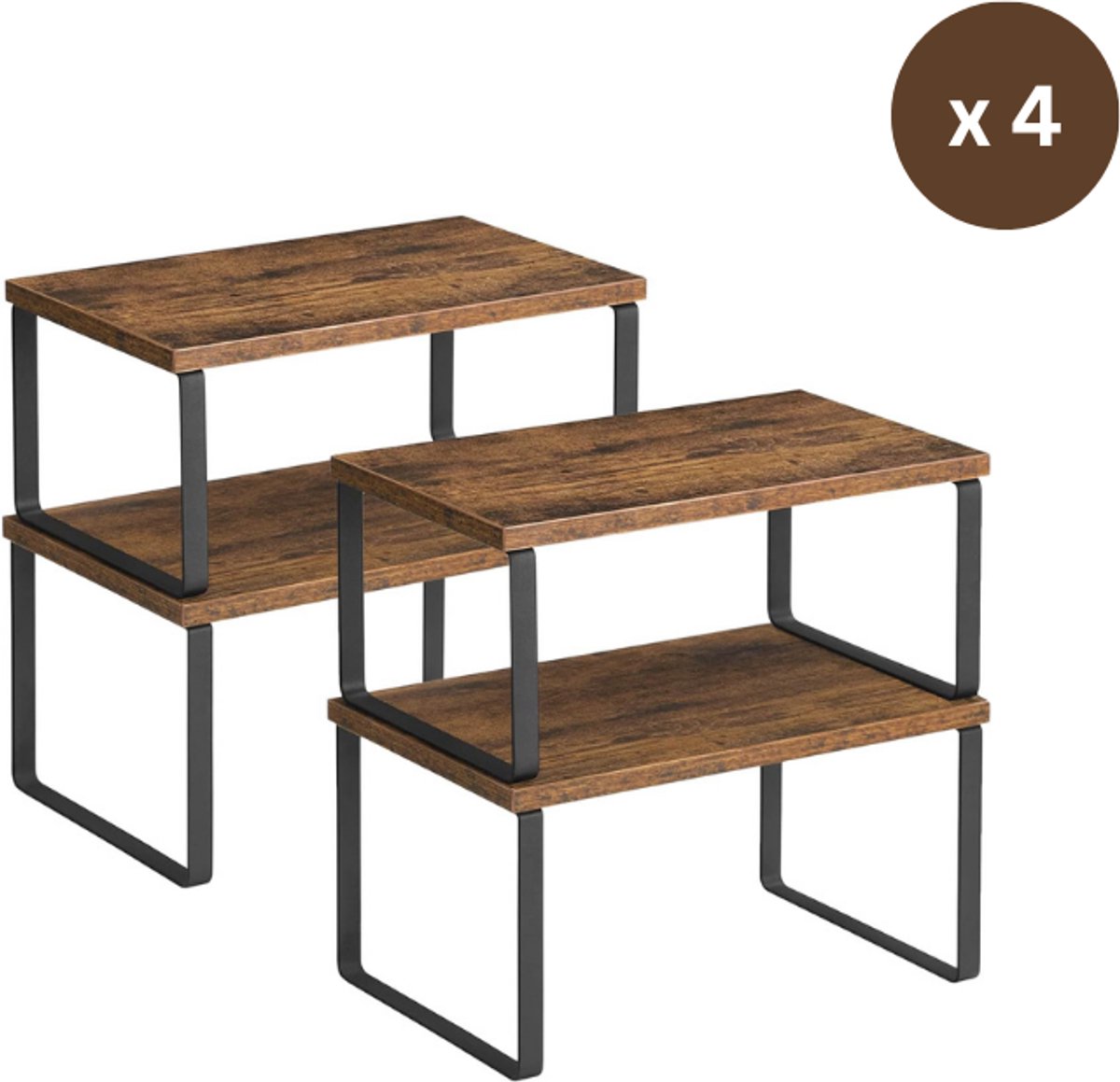 Kaëru Keukenkast Opbergrek – Set van 4 – Stapelbare en Uitschuifbare Kast Organizer – Industriële Kastverhoger – Houtlook Plank met Zwart Stalen Frame – Vintage Bruin