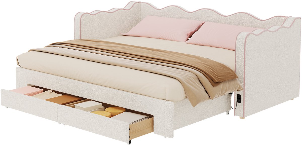 OKWISH Gestoffeerd Bed 90x200 cm - Uitschuifbare Slaapbank Met USB Oplaadpunt - 2 Laden - Kinderkamer - Boucle - Beige - Zonder Matras