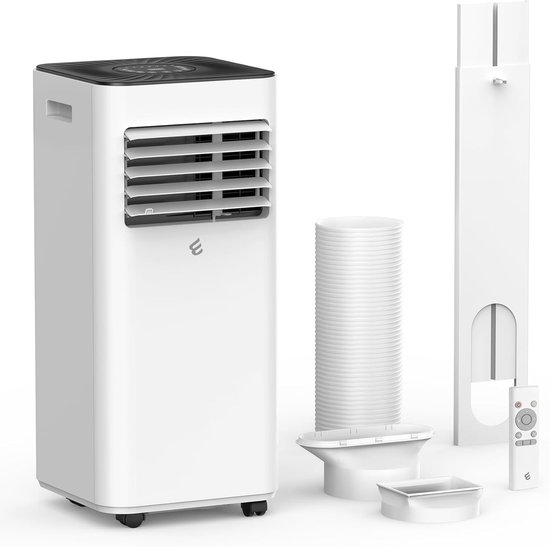 Witte draagbare airconditioner met accessoires: afstandsbediening, uitlaatslang, raamkitonderdelen.
