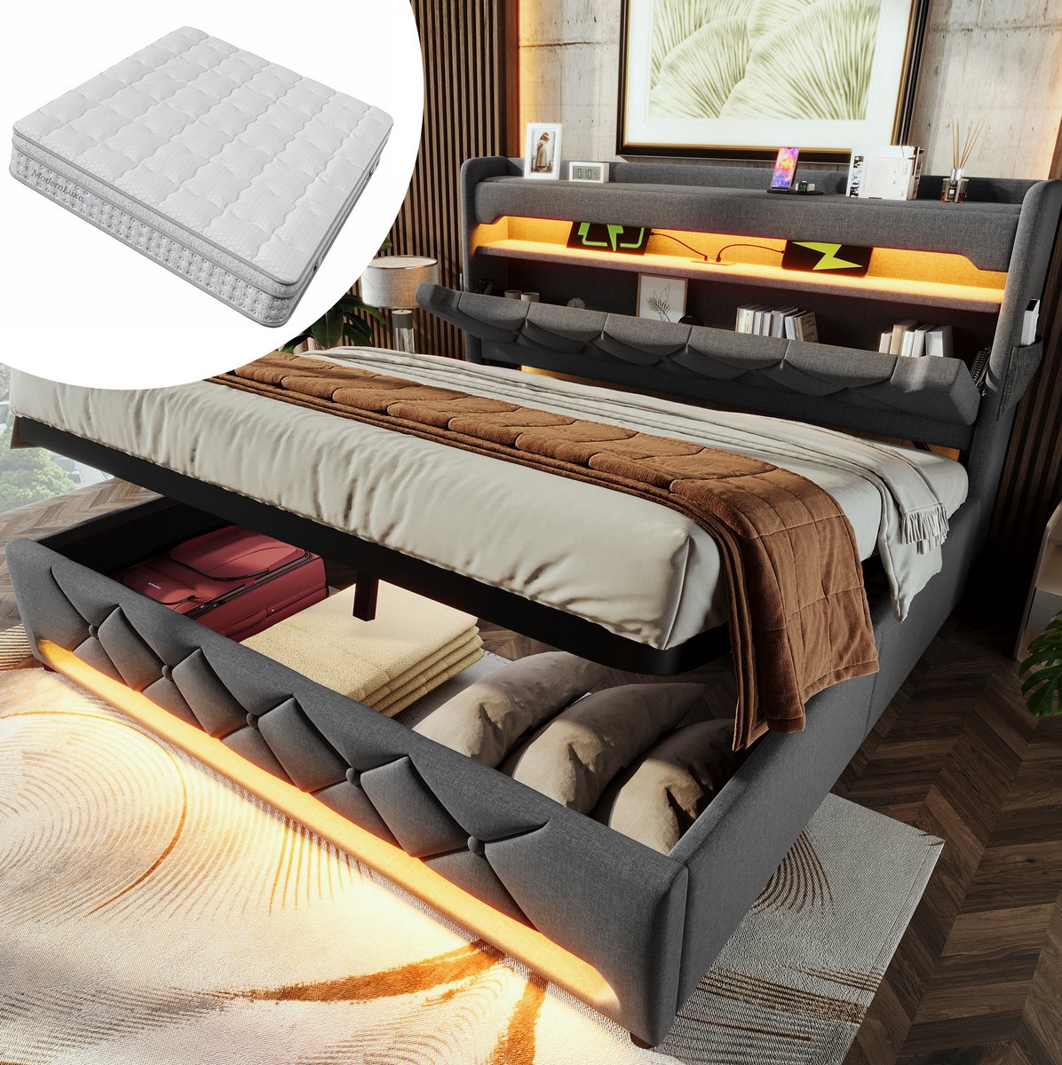 OKWISH Bed 180x200 cm - Tweepersoonsbed Met LED-Verlichting en USB-C - Hydraulische Opbergruimte - Stof - Grijs - Met Matras