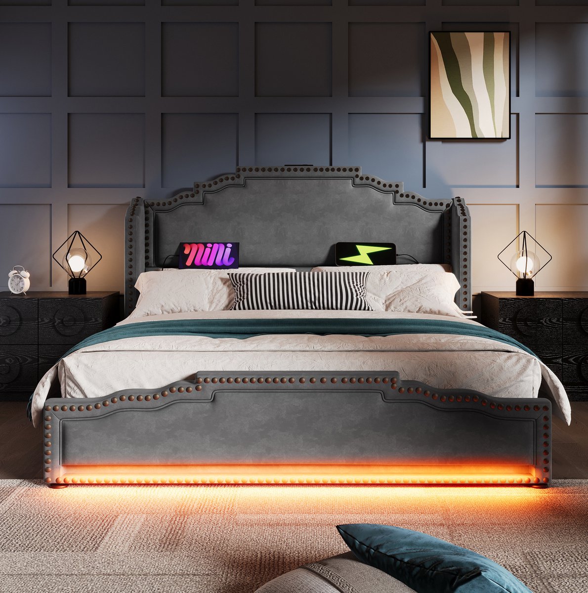 OKWISH Gestoffeerd Bed 180x200 cm - Tweepersoonsbed Met Ledverlichting En USB-C Oplaadpunt - 4 Laden En Opbergruimte - Zonder Matras - Grijs