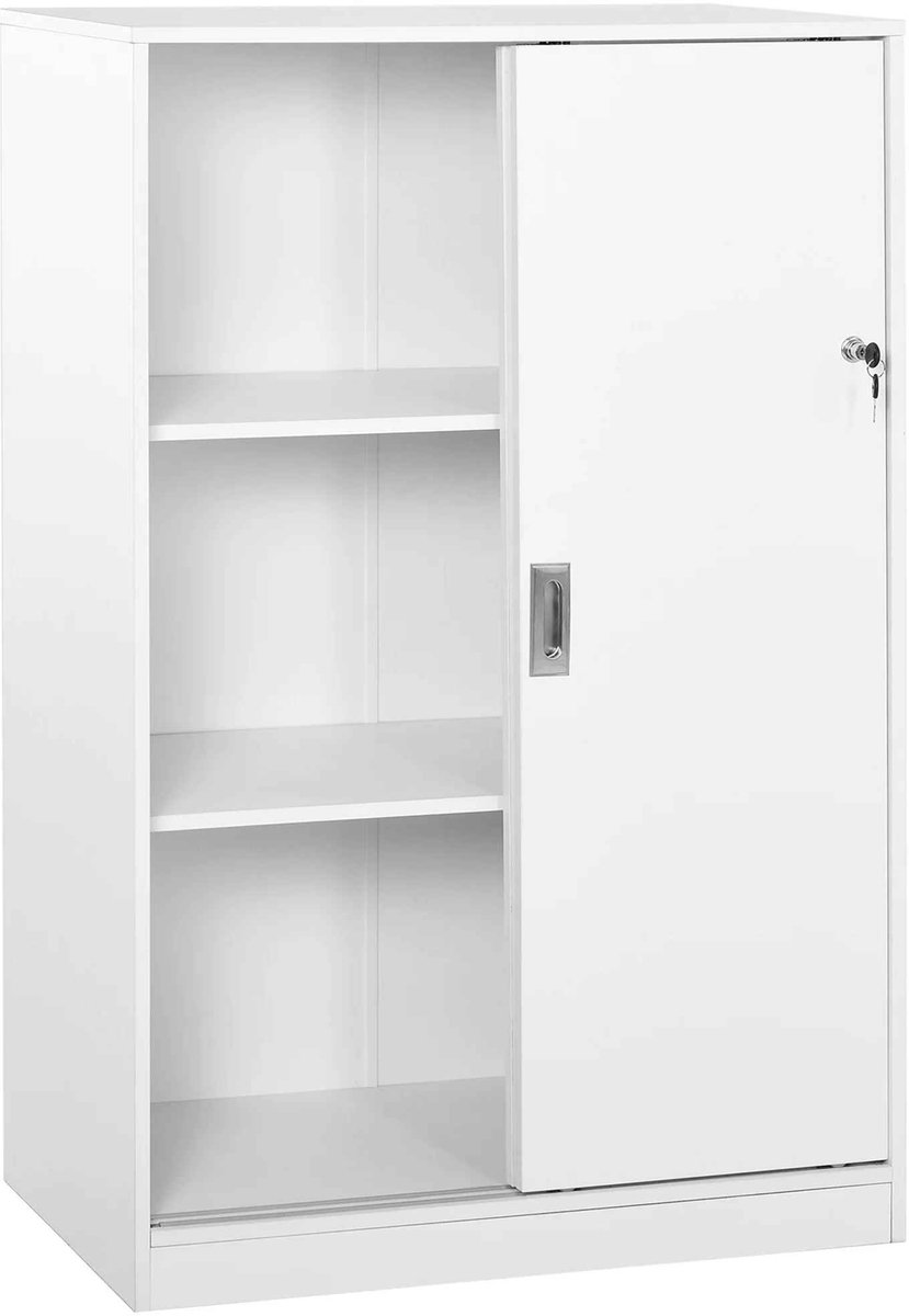 CORE Kantoorkast met Slot - Archiefkast met 2 Schuifdeuren en 3 Verstelbare Planken - Stalen Opbergkast voor Documenten, Ordners en Kantoorbenodigdheden - Afsluitbare Kast - 80x40x120cm - Grijs/Zwart
