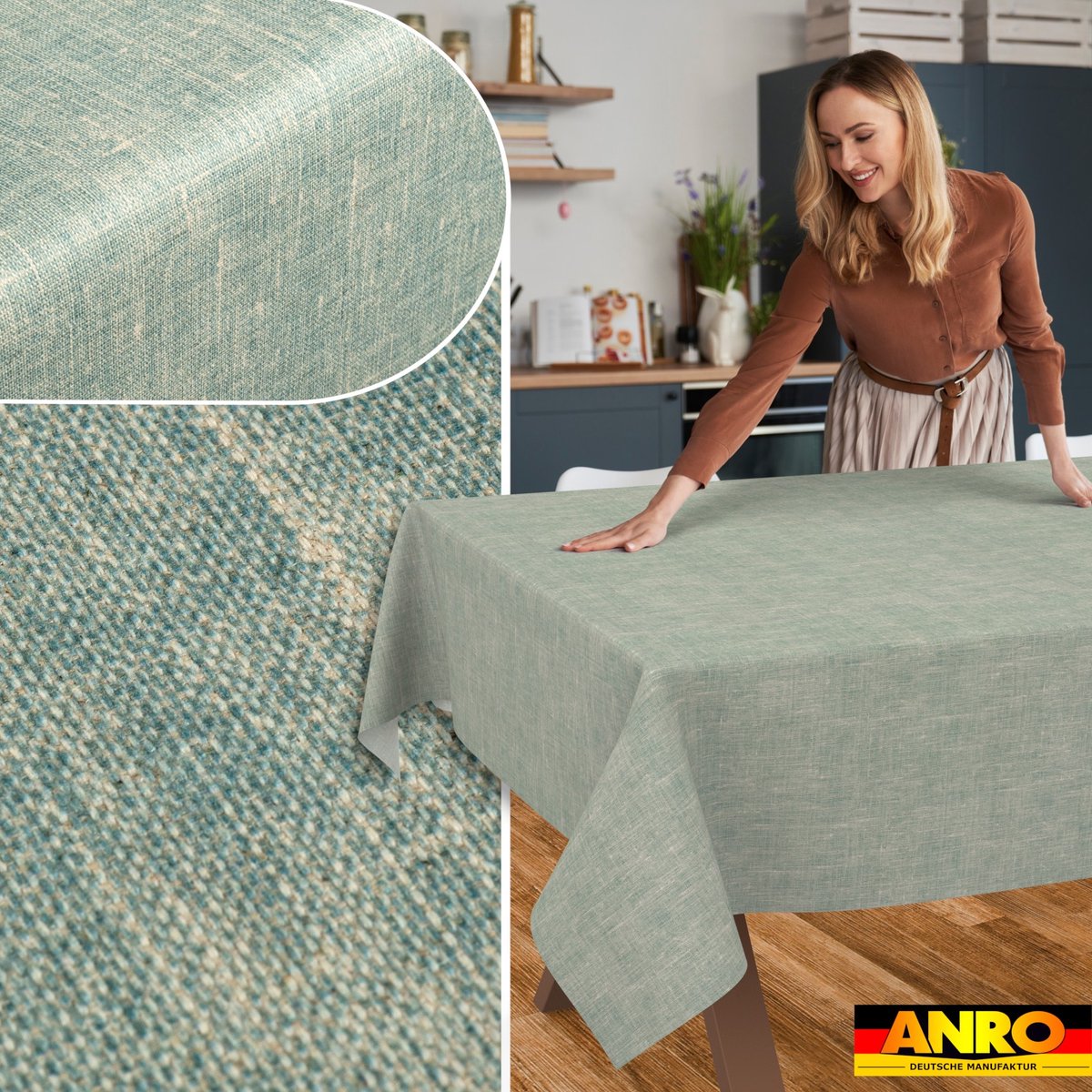 ANRO Tafelkleed Effen linnenlook Blauw 140cm x 5m Rechte rand Afwasbaar Waterafstotend