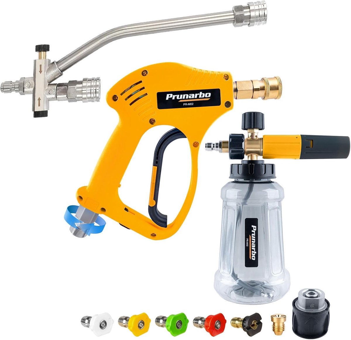 Thijox - Hogedrukreiniger Pistool met Schuimkanon en Dubbele Connector voor Autowas, 5 Power Washer Sproeiers, 1/4 Inch Snelkoppeling, Ideaal voor Tui