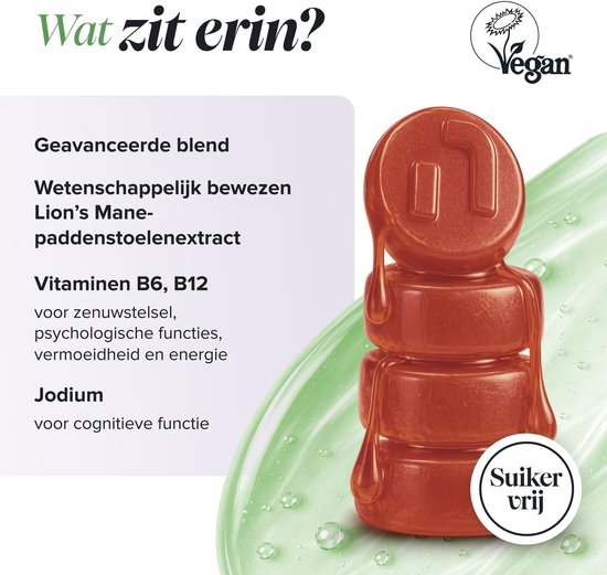 Stapel oranje "Lion's Mane Gummies" met het "n" logo, naast "Wat zit erin?" en "Suiker vrij".