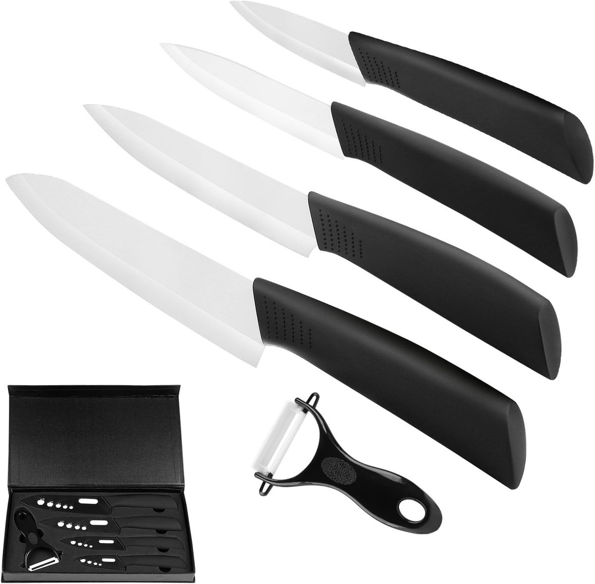 Thijox - Professionele Keramisch Messen Set 4-delig - Chefmes 15 cm, Multifunctioneel Mes 13 cm, Fruitmes 10 cm, Schilmes 8 cm - Ultralicht en Duurzaa