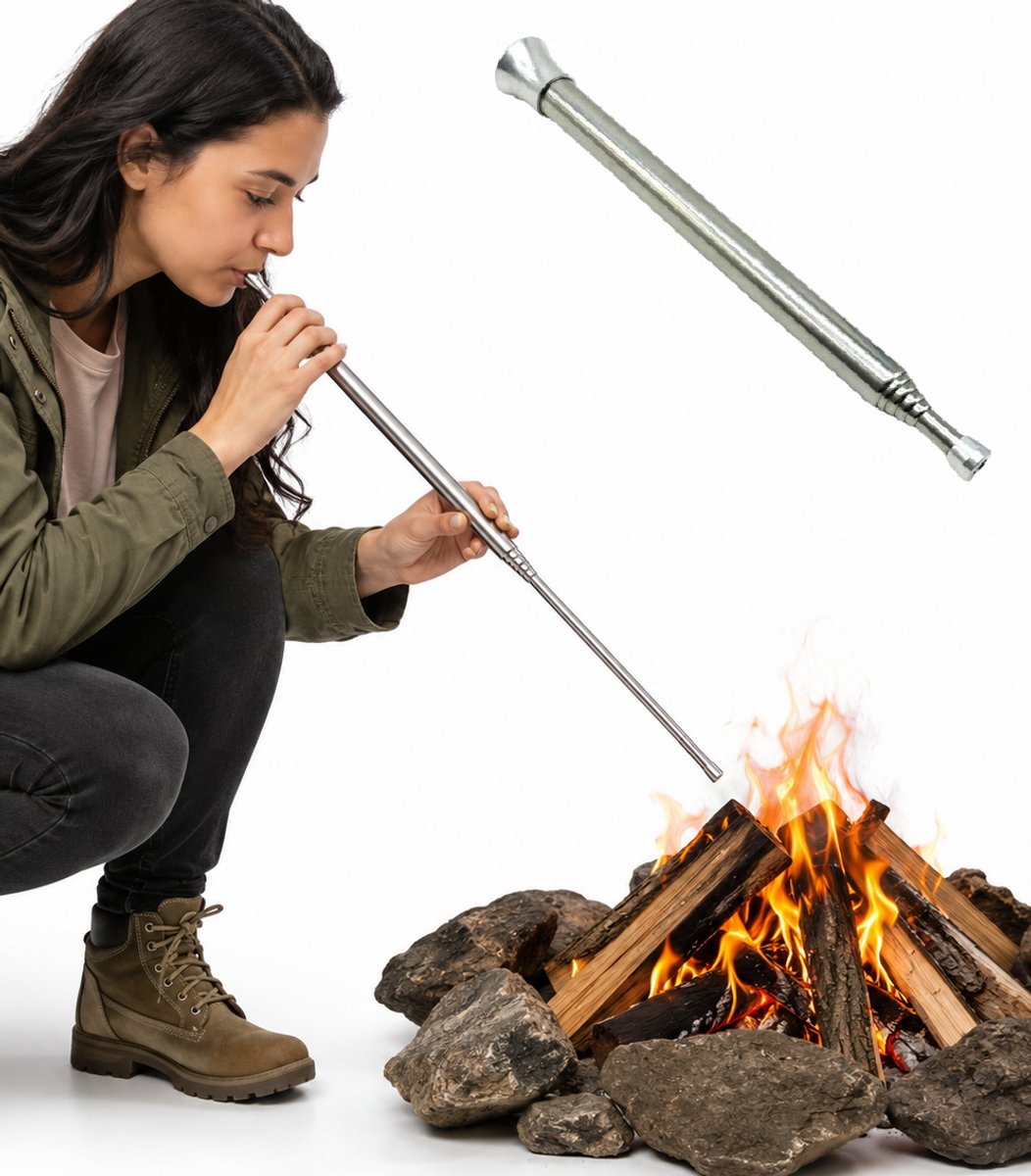 Vuur Blaaspijp Telescopisch 63,5 cm – RVS Vuurblazer – Compact Aanmaakgereedschap voor Kampvuur, BBQ, Haard & Outdoor – Grijs