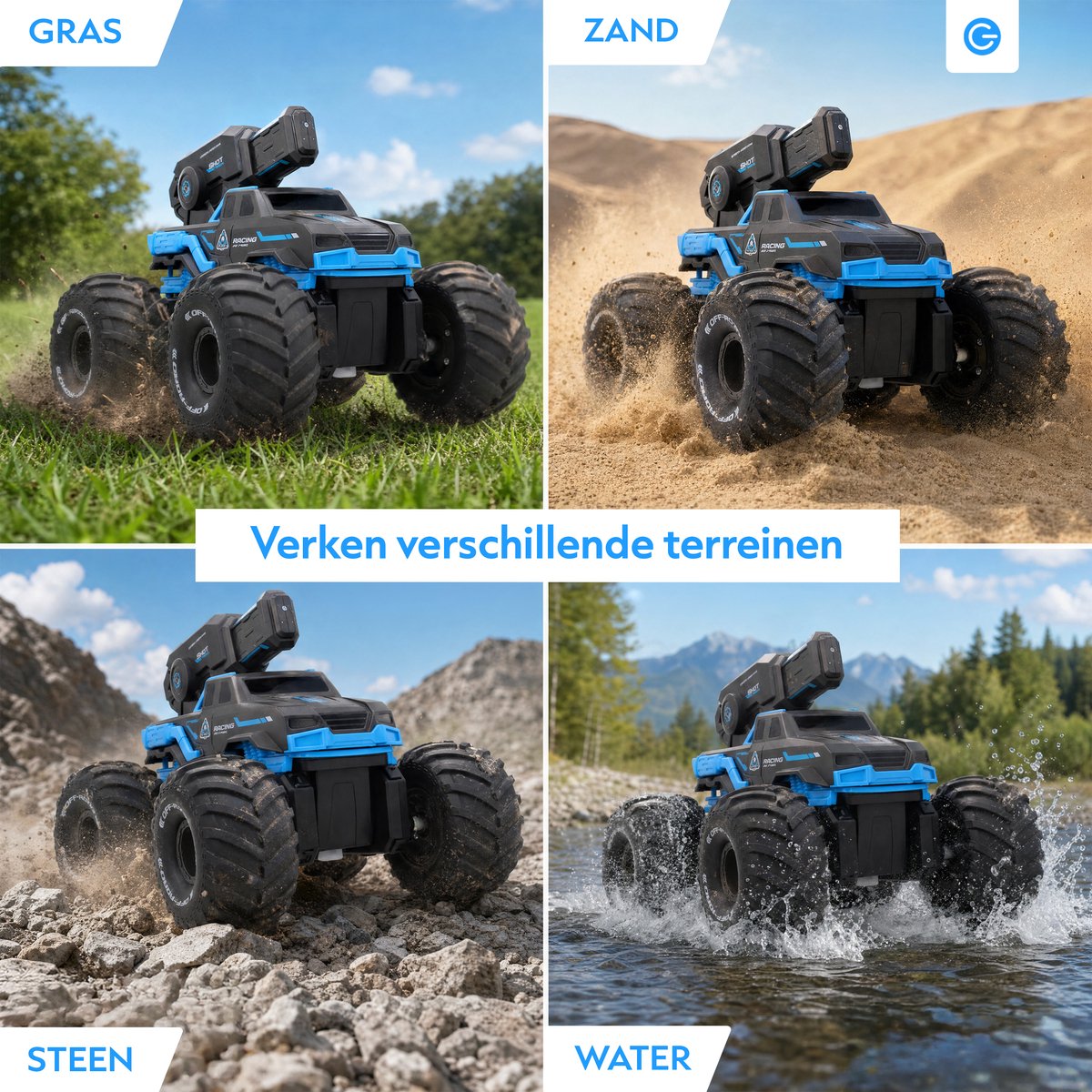 RC Bestuurbare Auto met Waterspray 15km/u - Bestuurbaar op Land en Water met Waterbestendige Afstandsbediening - RC Auto Offroad Kids- Cadeau voor Jongens & Meisjes - Afstandsbestuurbare Auto voor Buiten - Monster Truck Kinderen - Blauw - Silvergear — afbeelding 2