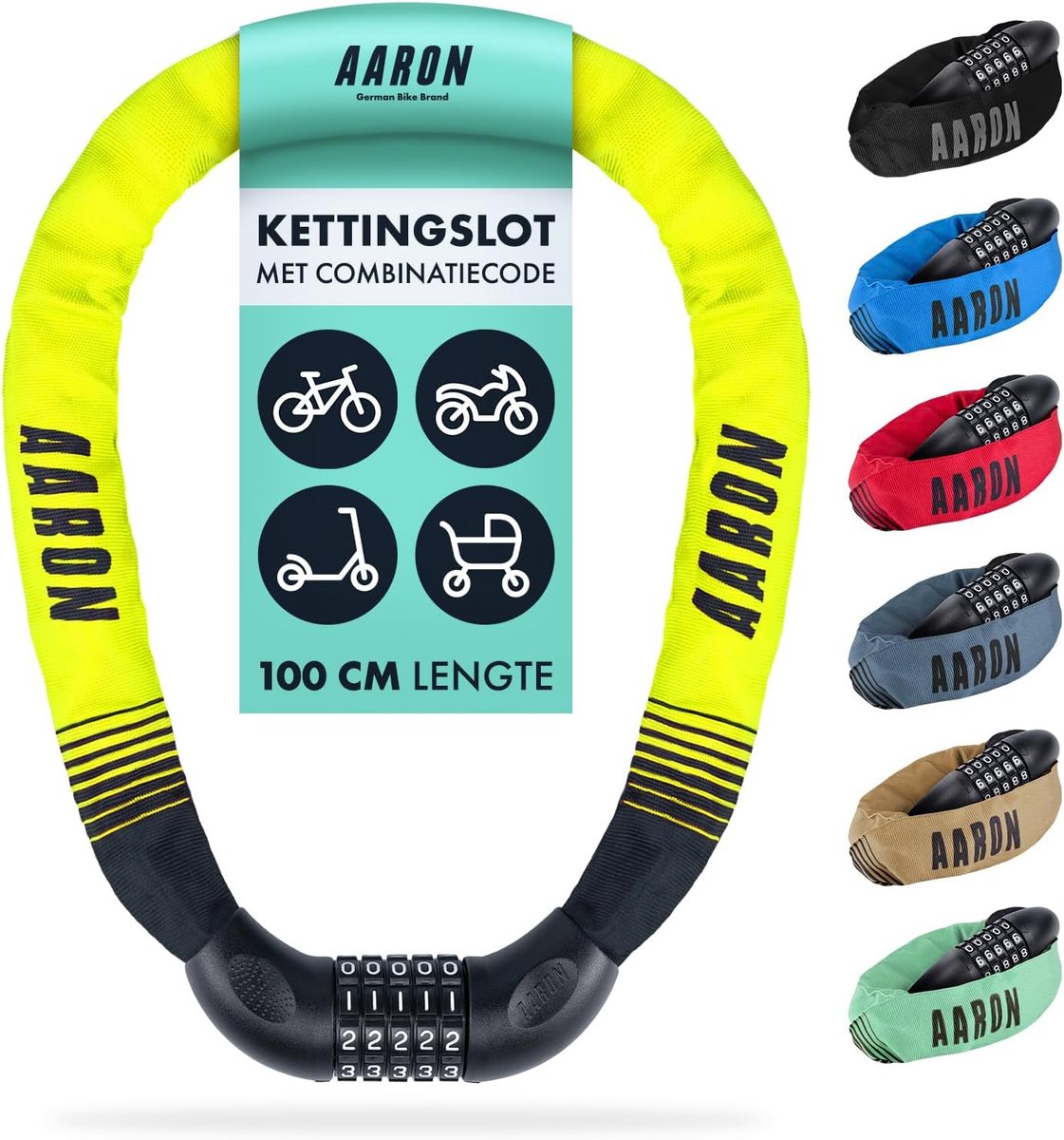 SnelShoppen - AARON Lock One Fietsslot - 5-cijferige code - Stalen Kettingslot met Hoog Veiligheidsniveau - Ideaal voor E-bikes en Fietsen - Robuust e