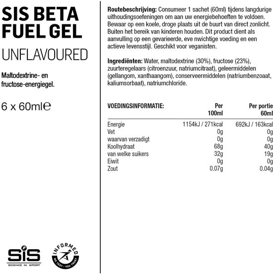Science in Sport - SIS Beta Fuel - Dual Source energy gel - Naturel smaak - 1 : 0,8 Maltodextrine Fructose verhouding - 40 gram koolhydraten per gel - 6 x 60ml van Science in Sport — afbeelding 2