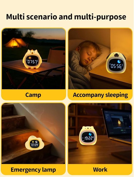 Wekker met nachtlampje, oplaadbare siliconen lamp wakker witte ruis klok schattige cartoon dier desktoplamp, digitale display elektronische klok. (Hond) — afbeelding 4