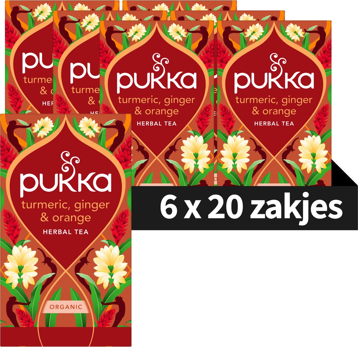 Pukka Tea Turmeric, Ginger & Orange - 120 Theezakjes - Biologische Kruidenthee - Kurkuma & Gember - 6 x 20 zakjes - Thee Voordeelverpakking