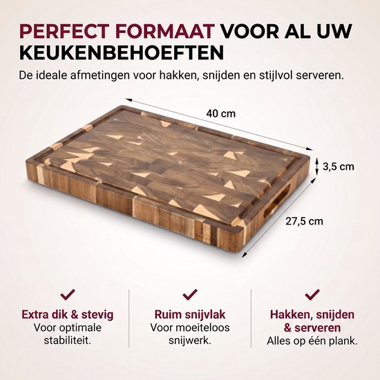 Extra dikke acacia snijplank (40x27,5x3,5 cm) met handvatten. Ideaal voor hakken, snijden en serveren.