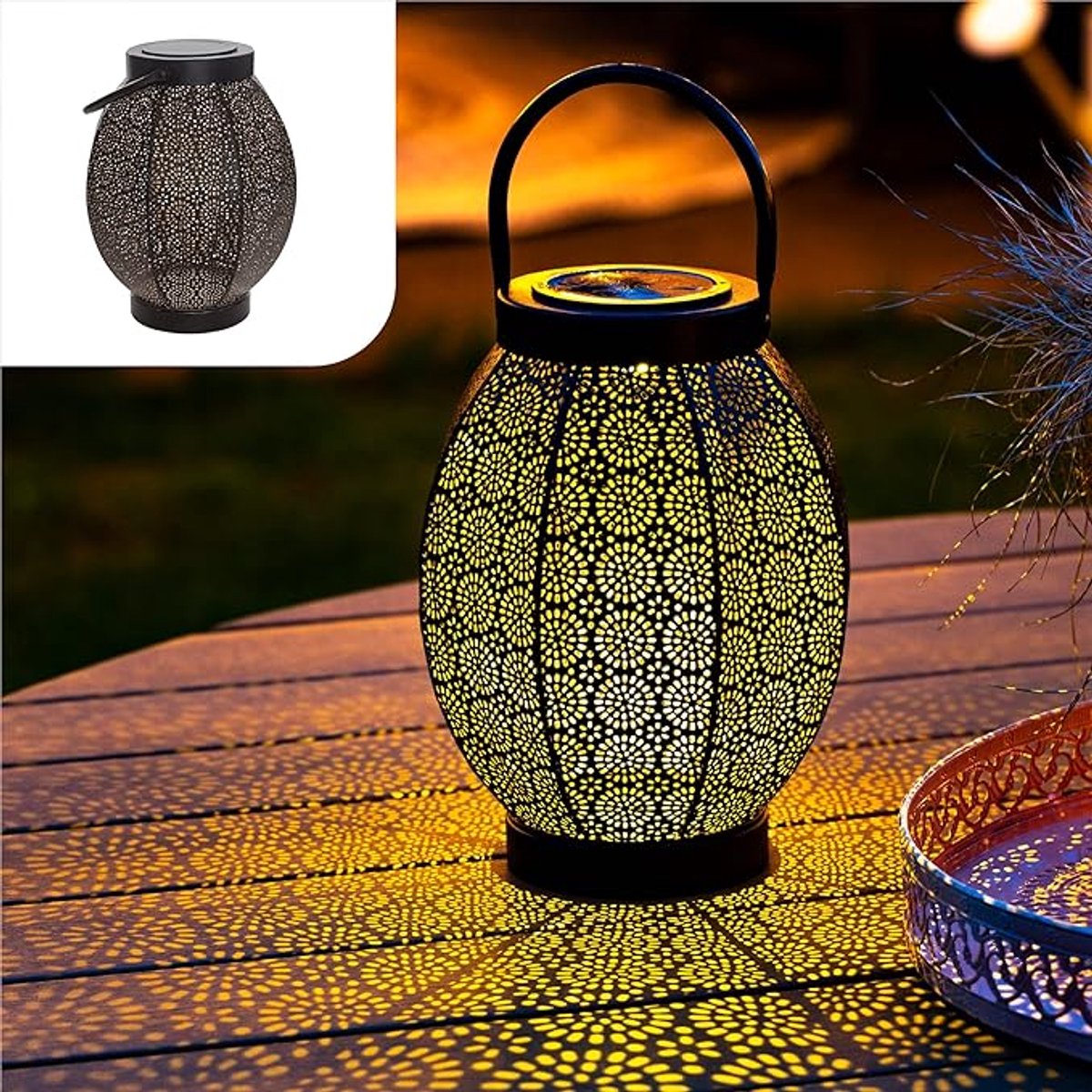 Solar Bloem Lantaarn LED - Buiten Tafellamp Of Hanglamp Op Zonne-energie - Zwart/Goud Metalen Tuinverlichting - IP65 Waterdichte Sfeerlamp Voor Tuin, Terras En Balkon