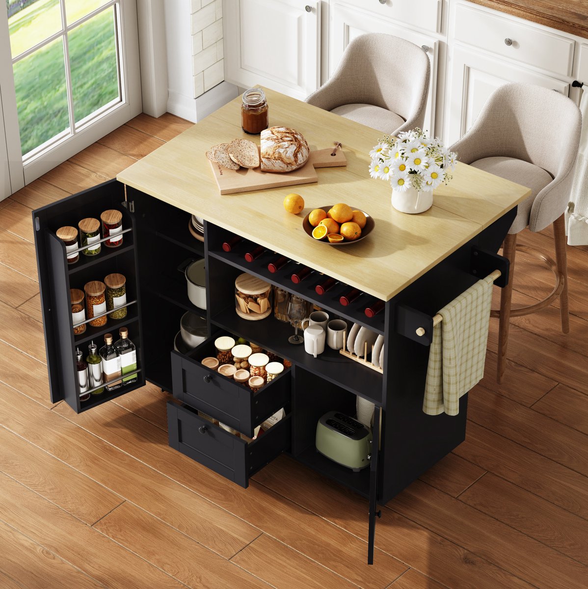 OKWISH Keukenkast - Keukeneiland Met Opklapbaar Werkblad - 104 x 45/69 x 89 cm - 2 Lades En Wijnrek - Verrijdbaar MDF Naturel Zwart