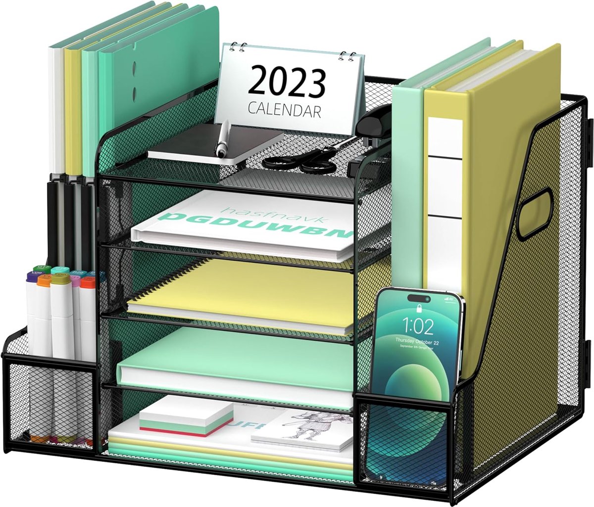 SnelShoppen - Mesh Desk Organiser met Documenthouder, 5 Laags Papieren Organiser, Tijdschriftenhouder, Multifunctionele Bureau Organizer voor Kantoor