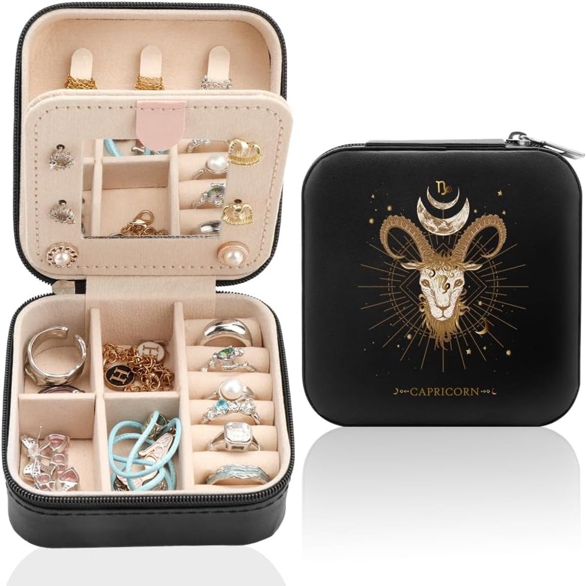 Gepersonaliseerde Reis-Sieradendoos met Spiegel, Compacte Organizer voor Sieraden, Perfect Cadeau voor Verjaardag, Valentijnsdag en Moederdag, Inclusief Sterrenbeeld en Draagbaarheid