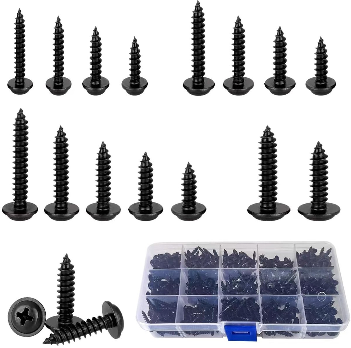 SnelShoppen - 445pcs Phillips Zelftappende Schroeven Set, M3 M3.5 M4 M5 Zwarte Schroeven Assortiment, Zelfborende Houtschroeven met Ronde Kop voor Met