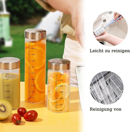 SnelShoppen - Glazen flessen met roestvrijstalen deksel, herbruikbare smoothiebeker met maatschaal, glazen sapflessen voor sappen, smoothies en melk ( van Snelshoppen — afbeelding 4