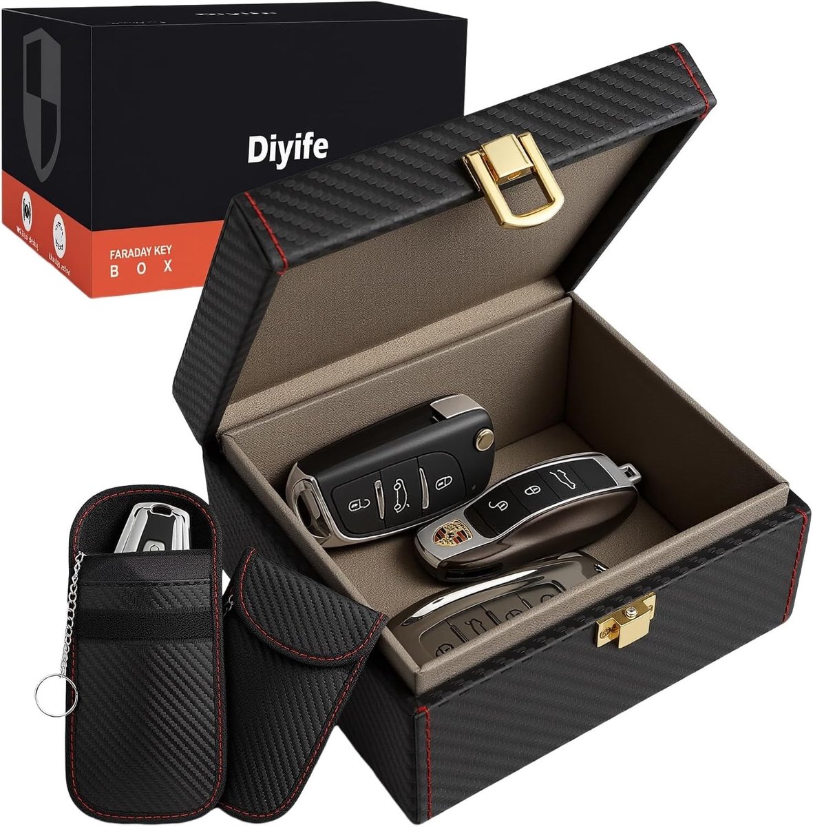 Keyless Go Faraday Box en Tassen (2 Zwart) - Signaalblokkerende Bescherming voor 5-7 Autosleutels, RFID Beveiliging, Draagbare Sleutelopslag, 140 x 123 x 74 mm