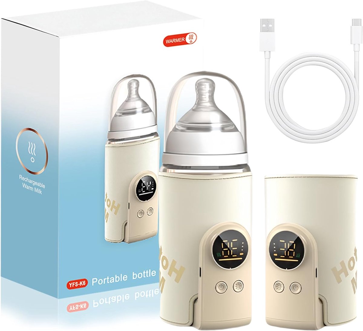 Thijox - Draagbare Flessenwarmer voor Baby's met LCD-Display, USB-opladen, 6 Instelbare Temperaturen (38-50 °C), Moedermelkverwarmer voor Thuis en Ond