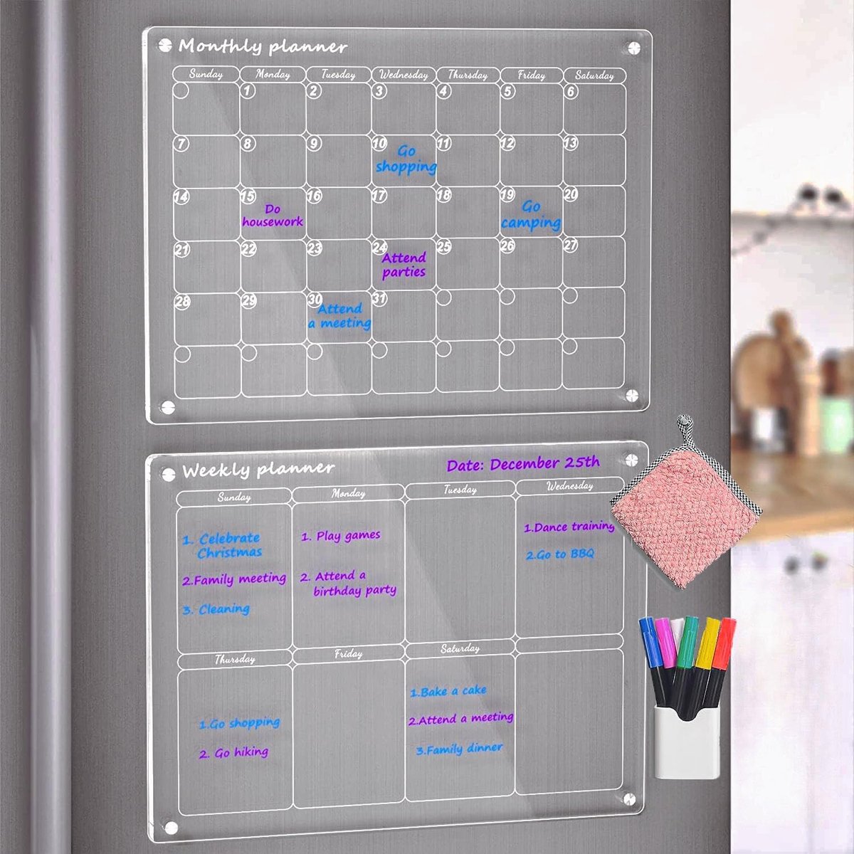 SnelShoppen - 2 Set Magnetische Weekplanner - Afwisbare Kalenders voor Koelkast - Transparante Acryl Magneten - Droog Afwasbaar Magneetbord voor Keuke