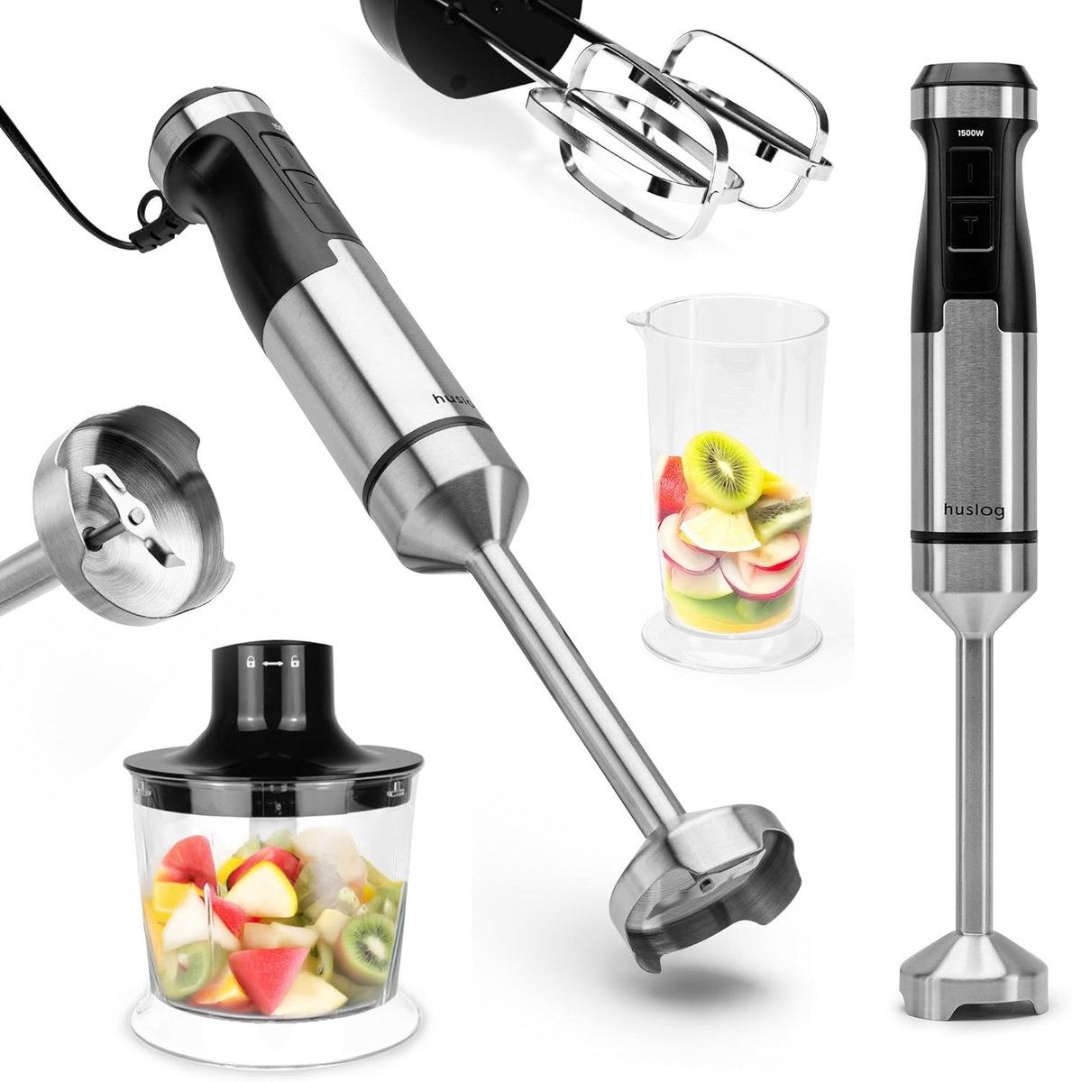 SnelShoppen - 3-in-1 Staafmixer 1500W - Krachtige Blender met Roestvrijstalen Messen, Hakmolen, Garde en 600ml Maatbeker - Variabele Snelheid en Turbo