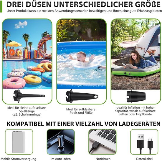 Elektrische Luchtpomp Accu 5200mAh Draadloos Mini Pomp met 3 Opzetstukken voor Luchtbed, Zwembad, Boot en Opblaasbare Artikelen — afbeelding 5