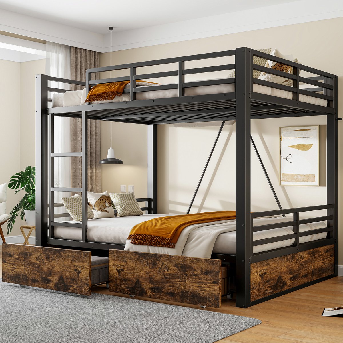 OKWISH Stapelbed 140x200 cm - Versterkt Metalen Bed met Ladder en Veiligheidshek - Met Opberglades - Voor Kinderen - Zwart - Zonder Matras