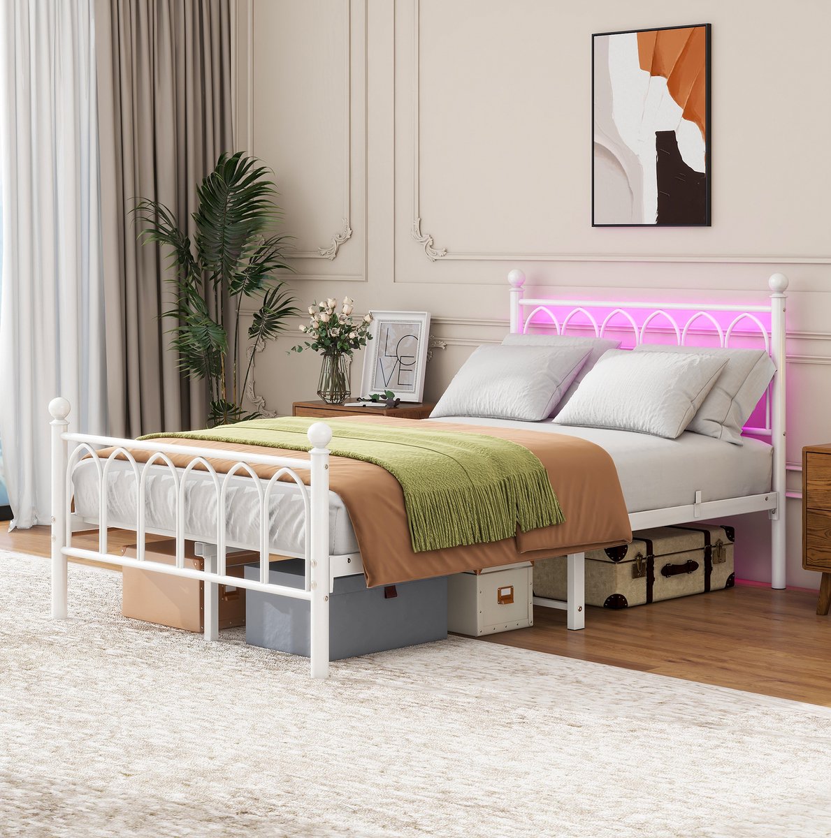 OKWISH Bed 120x200 cm - Met Ledverlichting En Usb Oplaadpunt - Met Opbergruimte - Hoge Hoofd En Voetbord - Metaal En Mdf - Wit - Zonder Matras