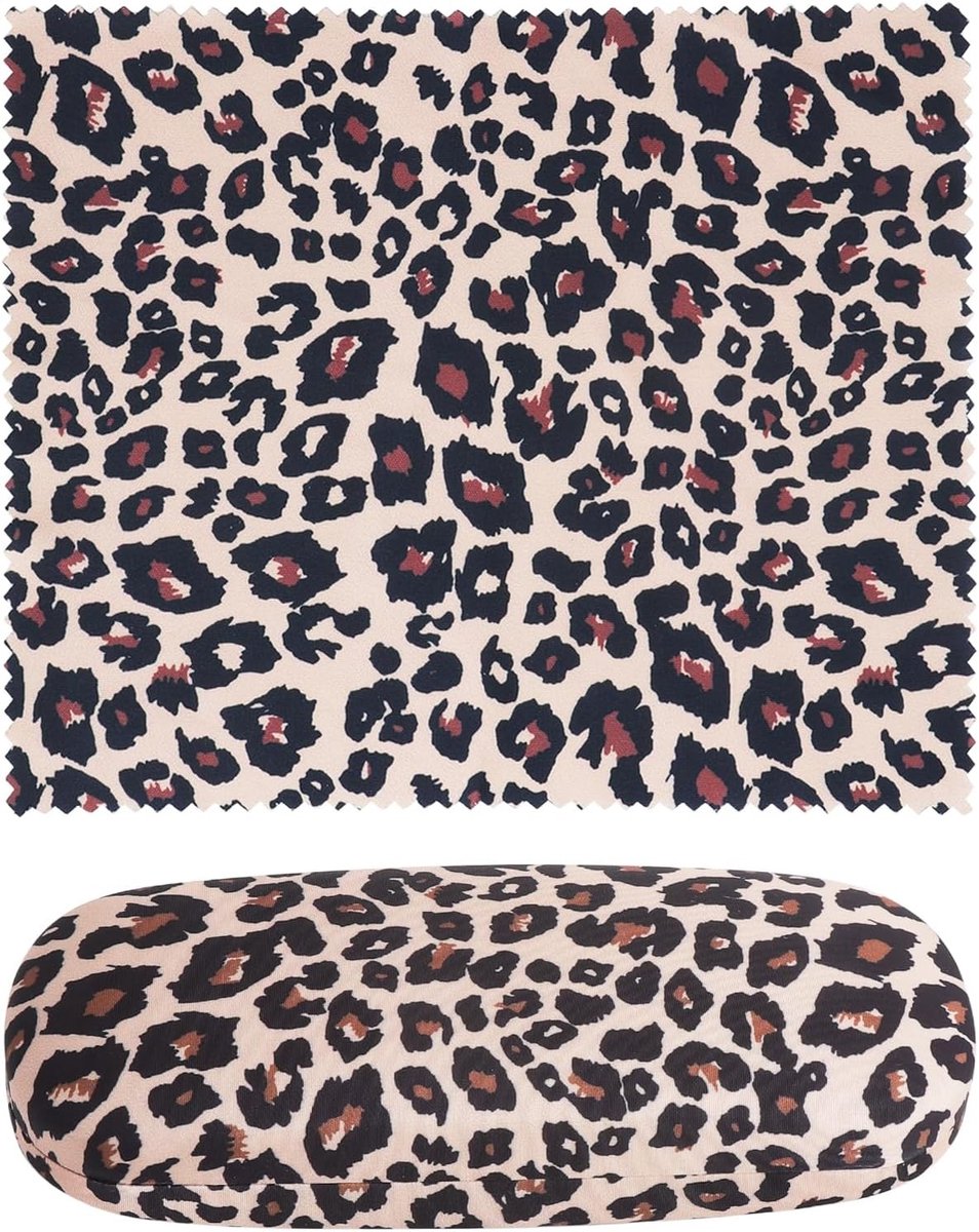 Stijlvolle Leopard Print Harde Brilhoes met Schoonmaakdoek, Bescherming en Opberging voor Zonnebrillen en Correctiebrillen voor Dames en Heren