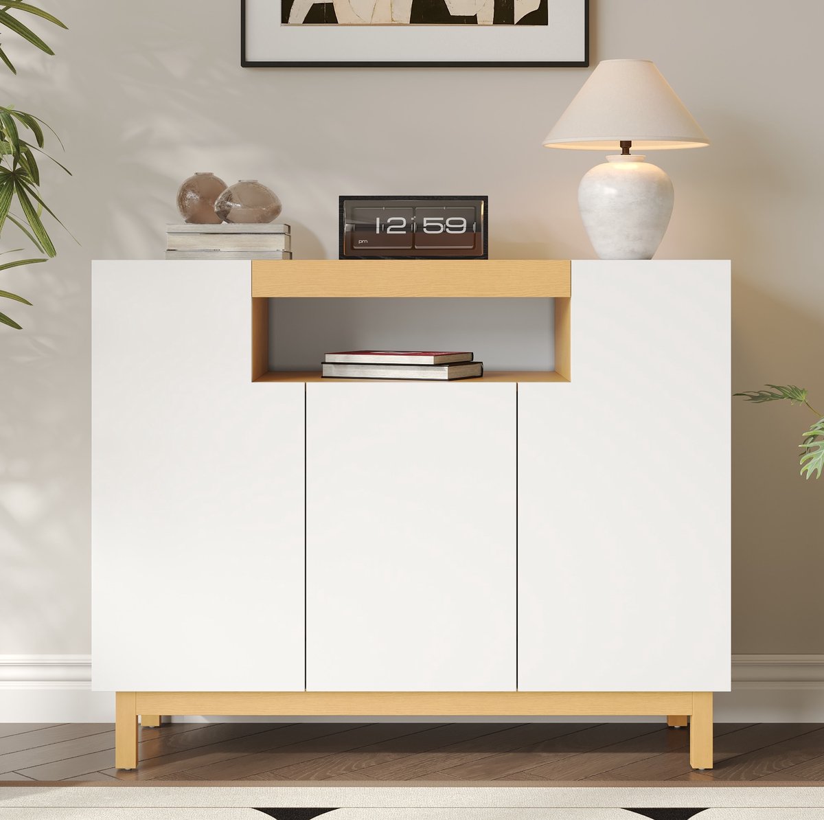 COVREO dressoir 120,5 x 42 x 96 cm - 3 deuren, open vak, wit en houtlook