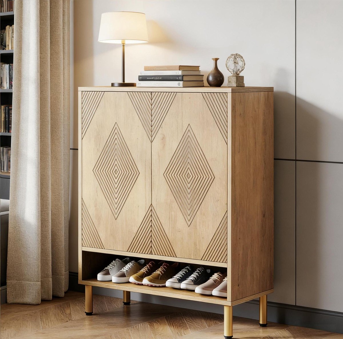 OKWISH Schoenenkast - 7-Laags Opbergkast Met 2 Deuren En Open Schap - 73 x 35 x 115 cm - Voor Hal En Woonruimte - Hout Naturel